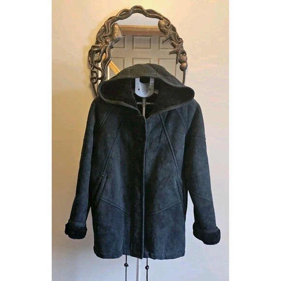 Vintage Shearling Jacket Sheepskin Suede Coat Siena Studio Womens L XL Black - Picture 1 of 12
